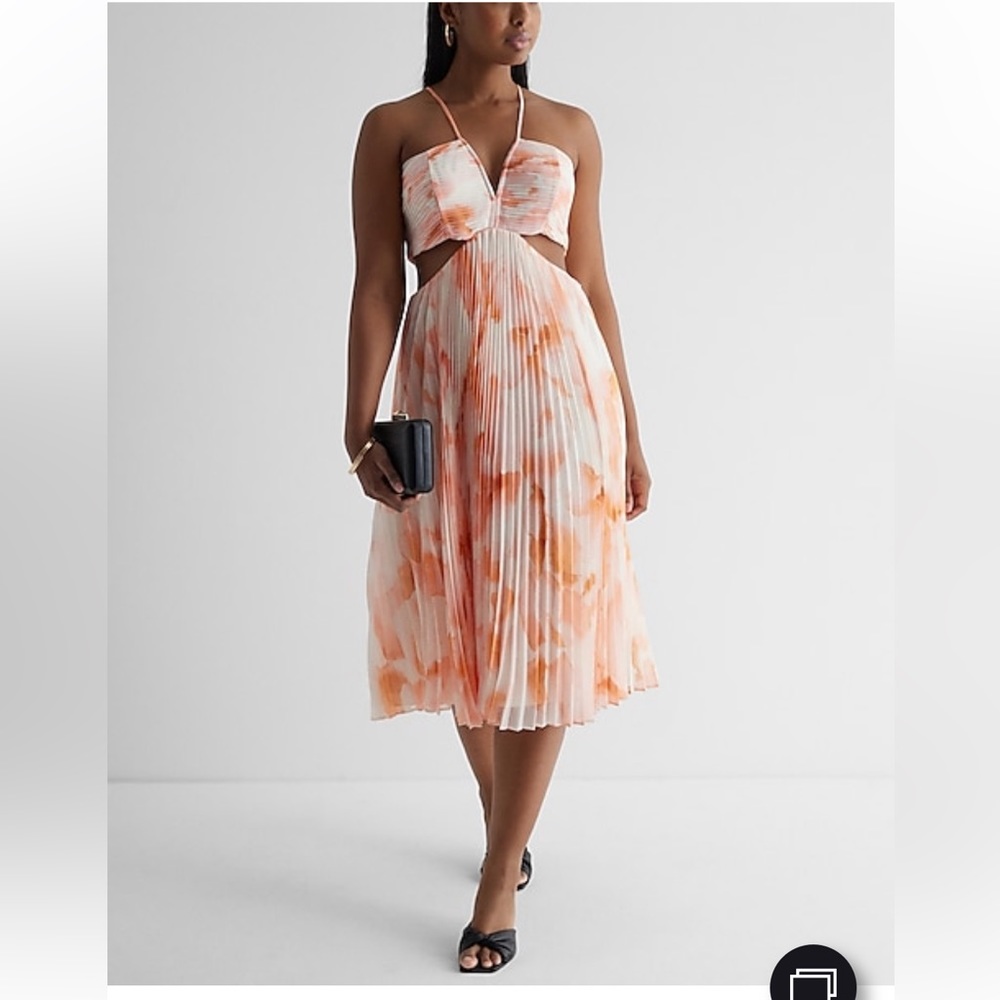 EXPRESS Floral V-neck Pleated Cutout Midi Dress